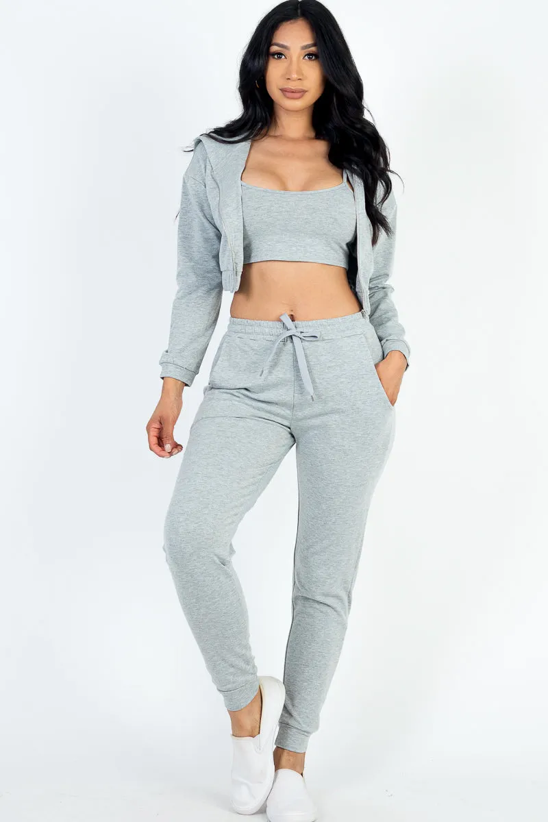 French Terry Cropped Cami with Zip-up Jacket and Joggers Set