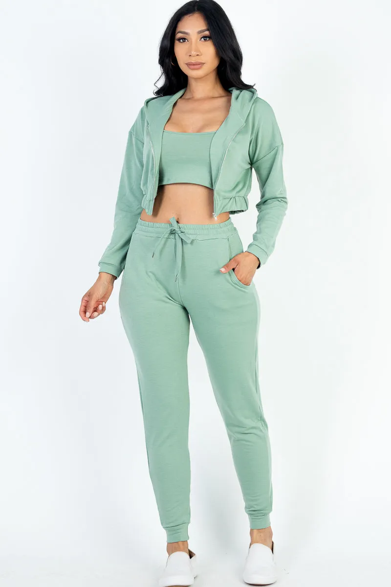 French Terry Cropped Cami with Zip-up Jacket and Joggers Set