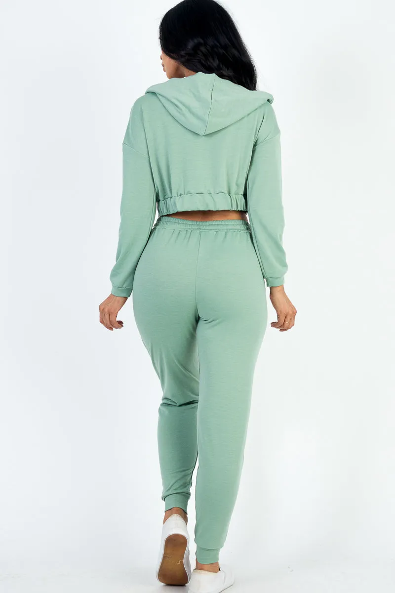 French Terry Cropped Cami with Zip-up Jacket and Joggers Set