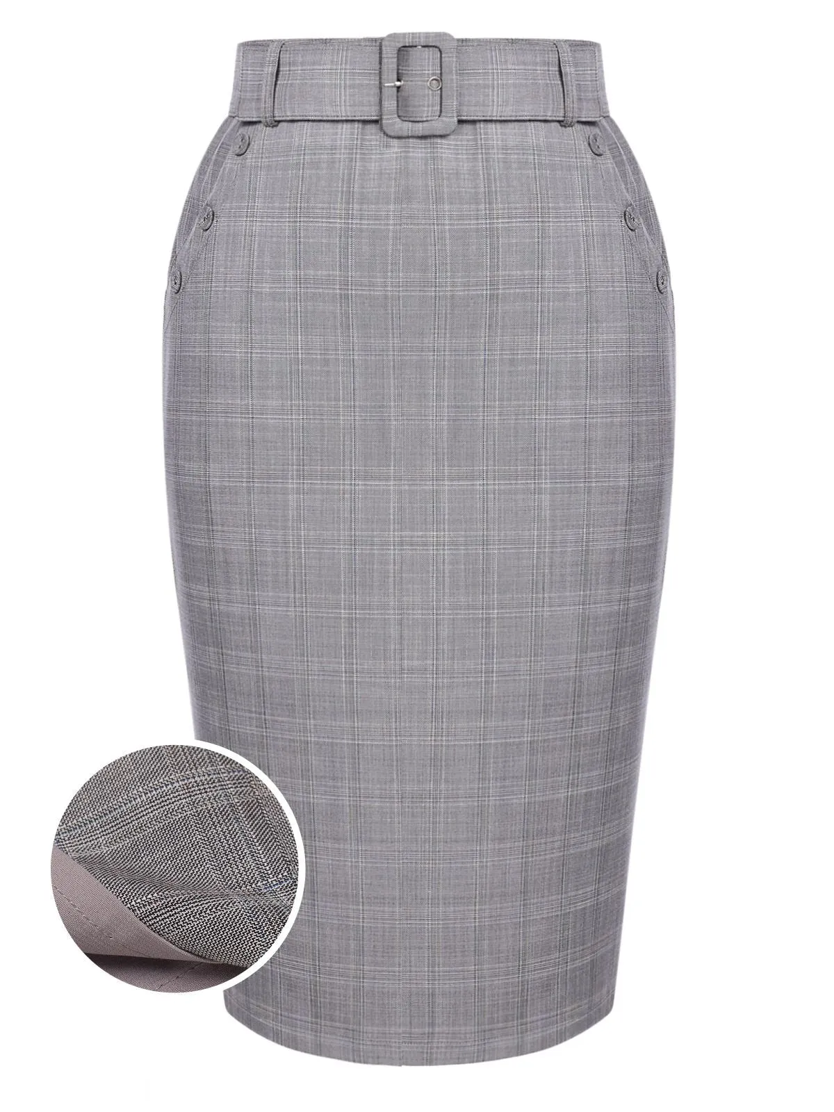 Gray 1960s Plaid Belt Pencil Skirt