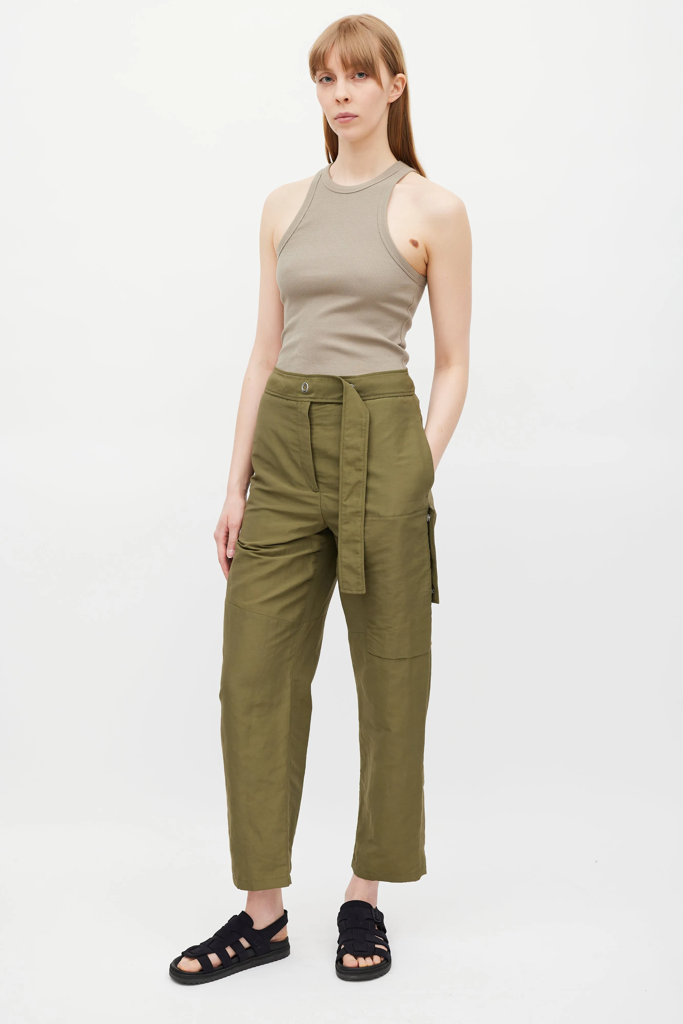 Green Nylon Belted Cargo Trouser