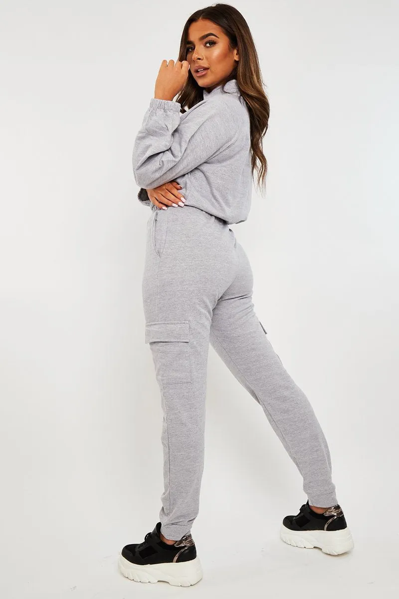 Grey Front Pocket Cargo Jumper and Joggers Loungewear Set - Naziya