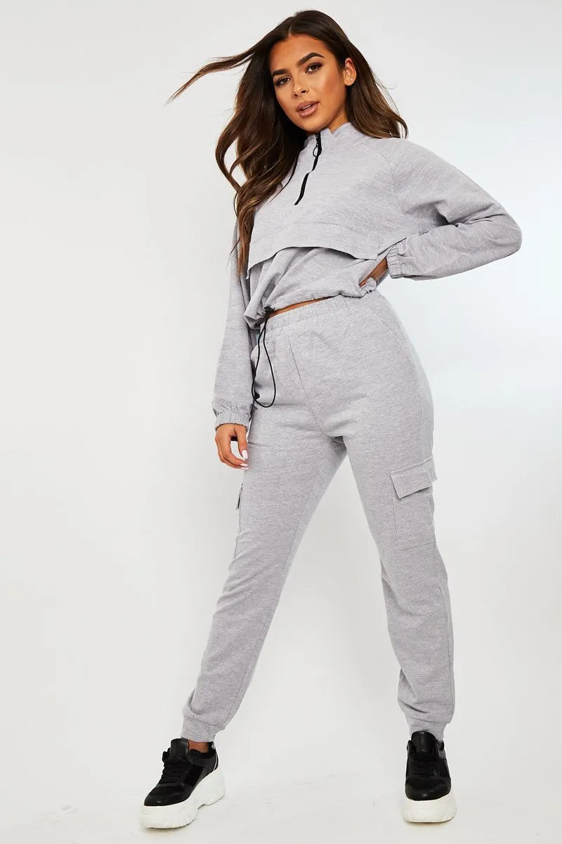 Grey Front Pocket Cargo Jumper and Joggers Loungewear Set - Naziya