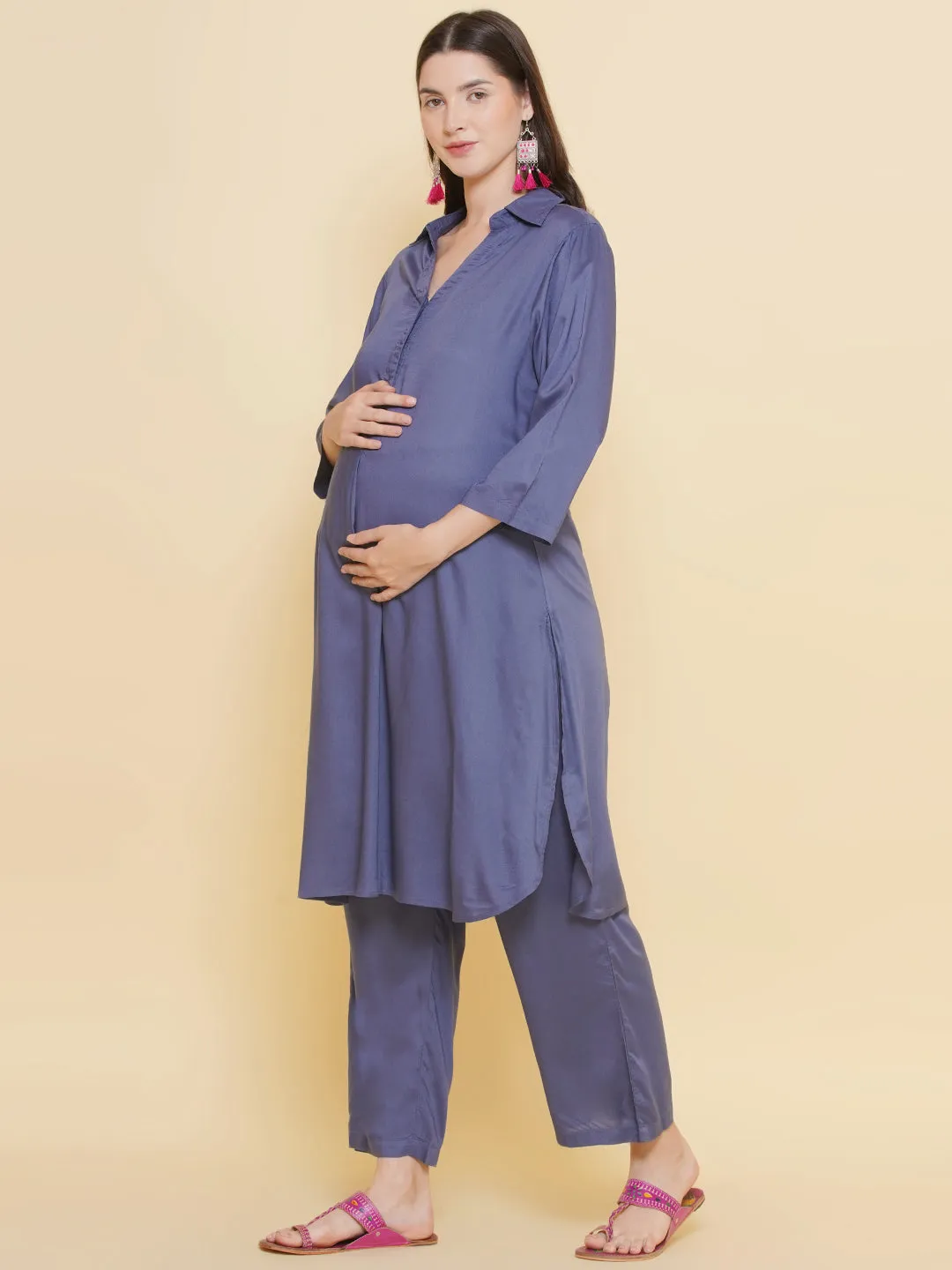 Grey Shirt Collar Maternity & Nursing Kurta Set