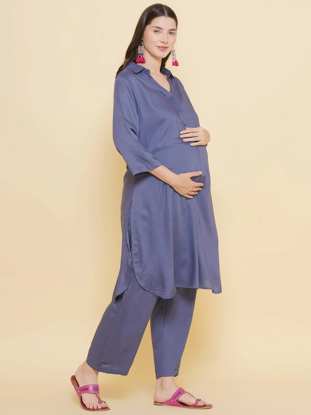 Grey Shirt Collar Maternity & Nursing Kurta Set