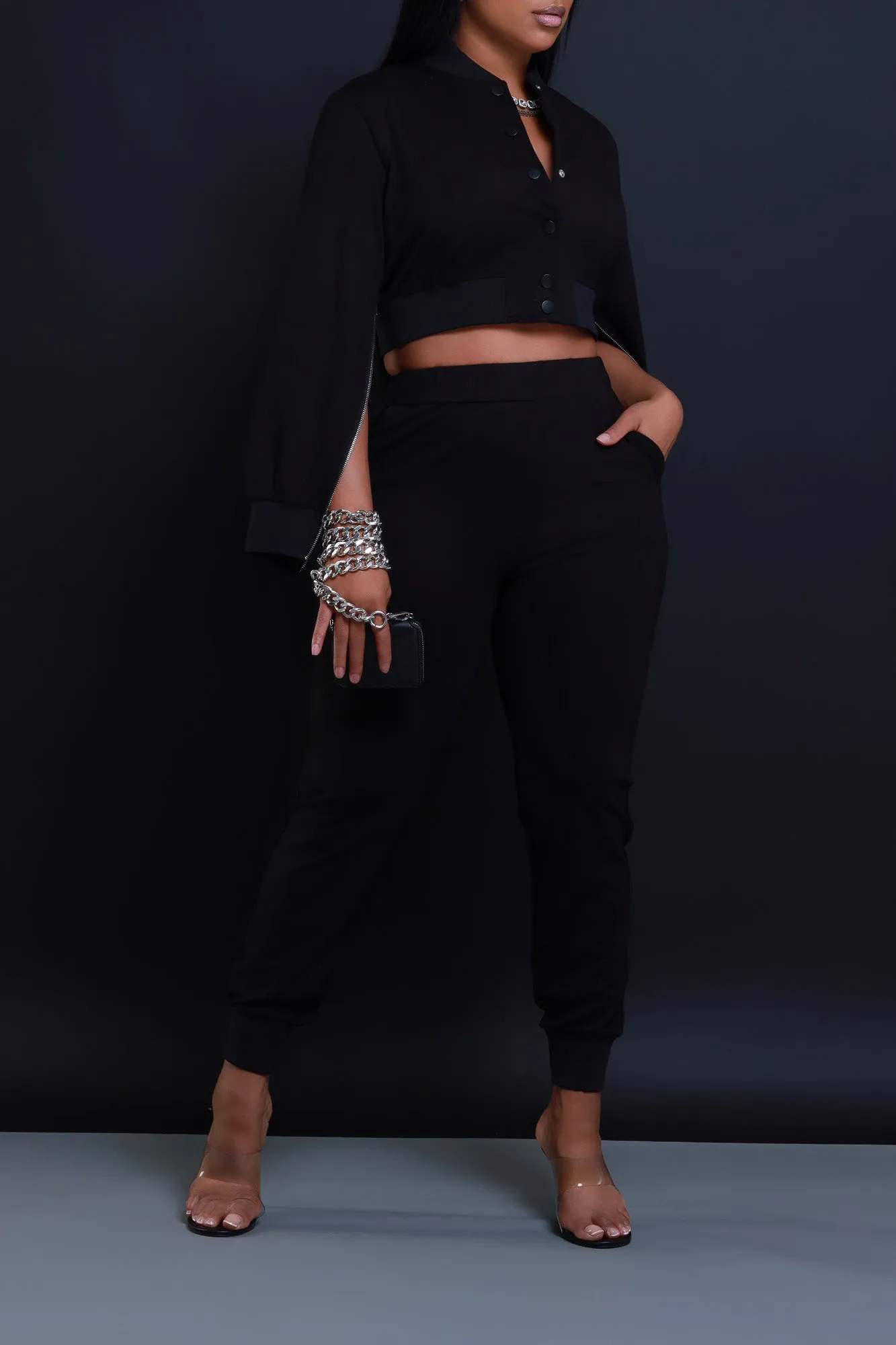 Had Enough Zippered Cropped Jogger Set - Black