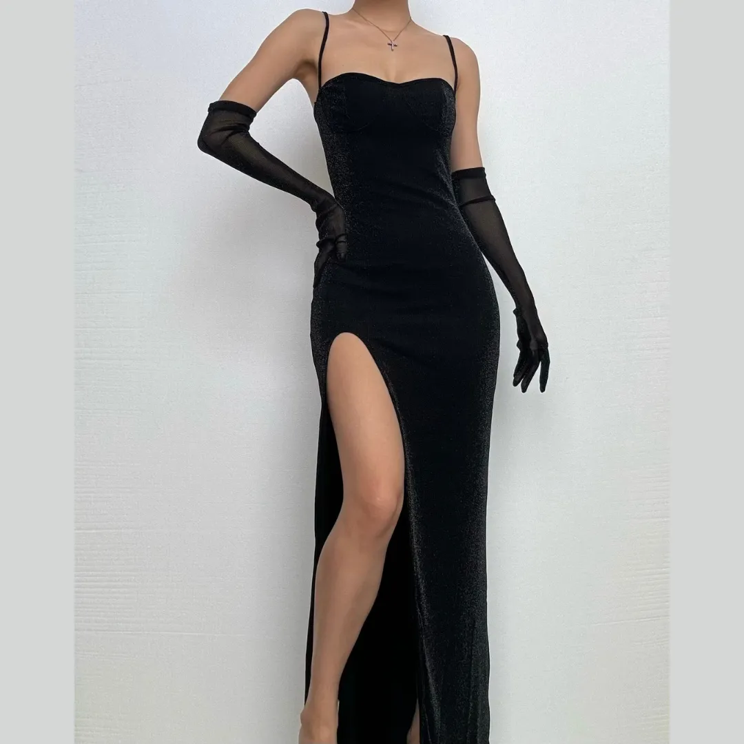 High slit gloves glitter sweetheart neck cami maxi dress