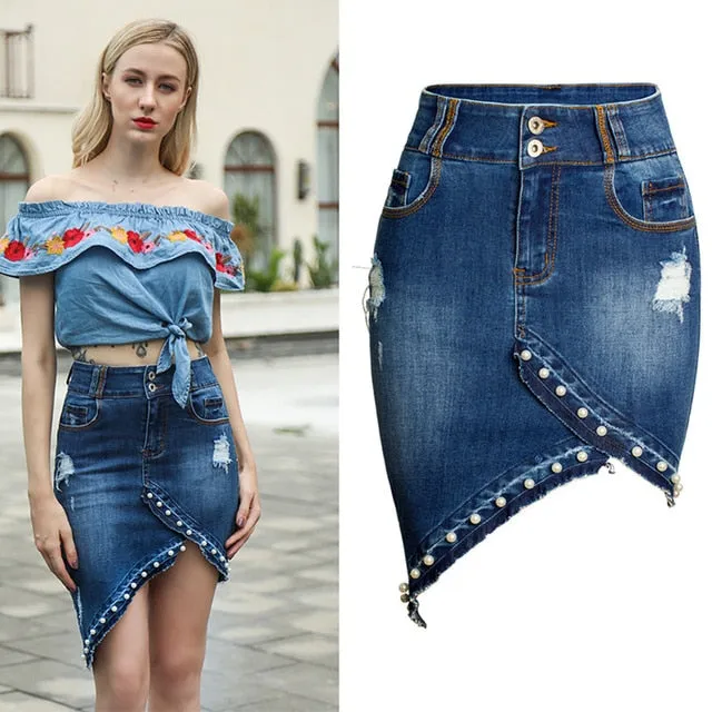 High Waist Denim Skirts Women Irregular Pencil Skirt Bodycon Skirt