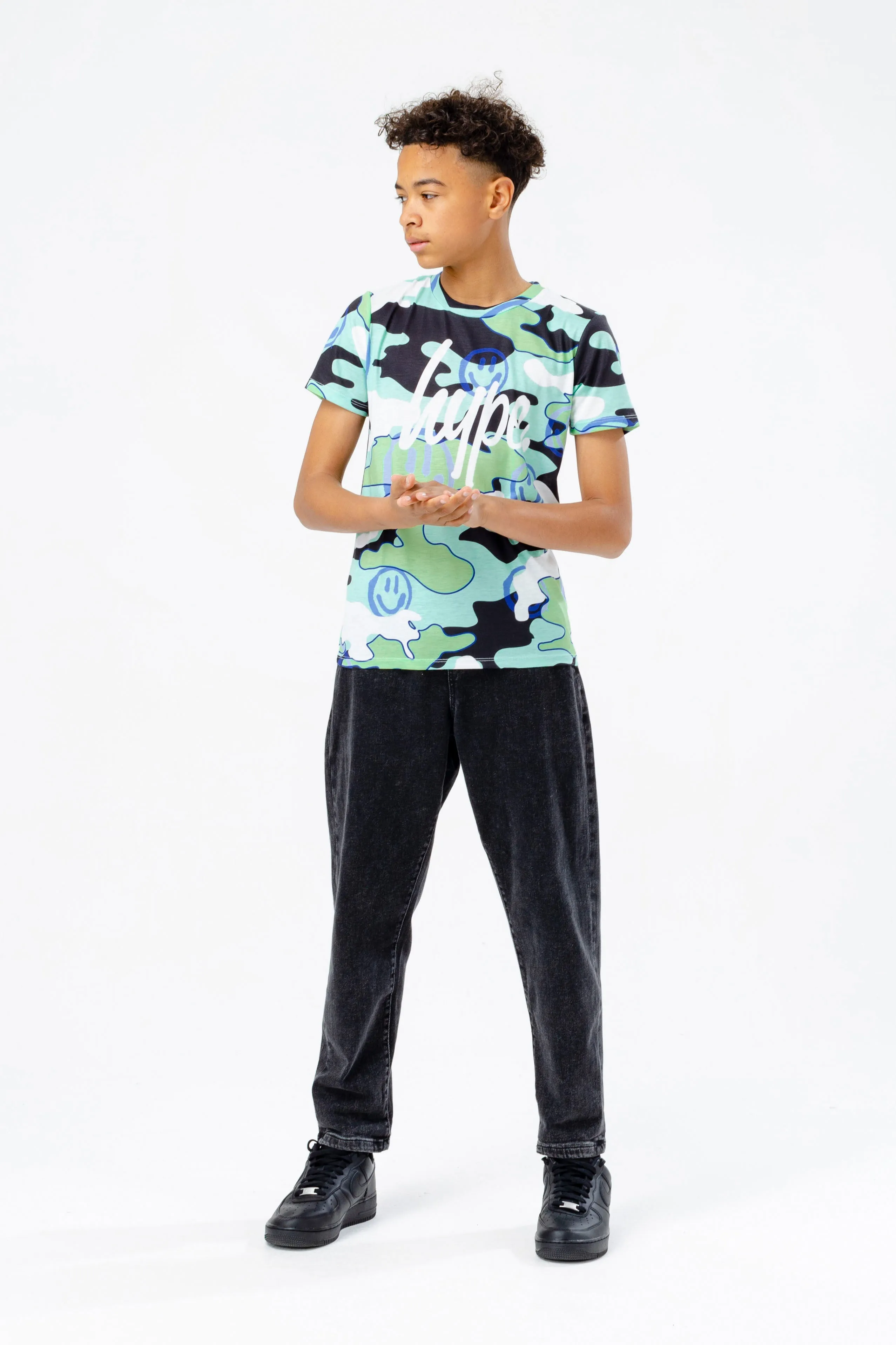 Hype Boys Blue Smiley Camo Script T-Shirt