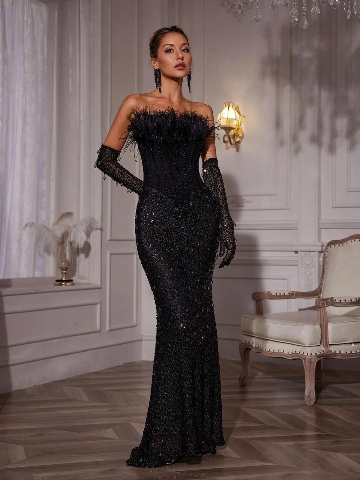 Inaki Corset Feather Sequin Maxi Dress With Gloves