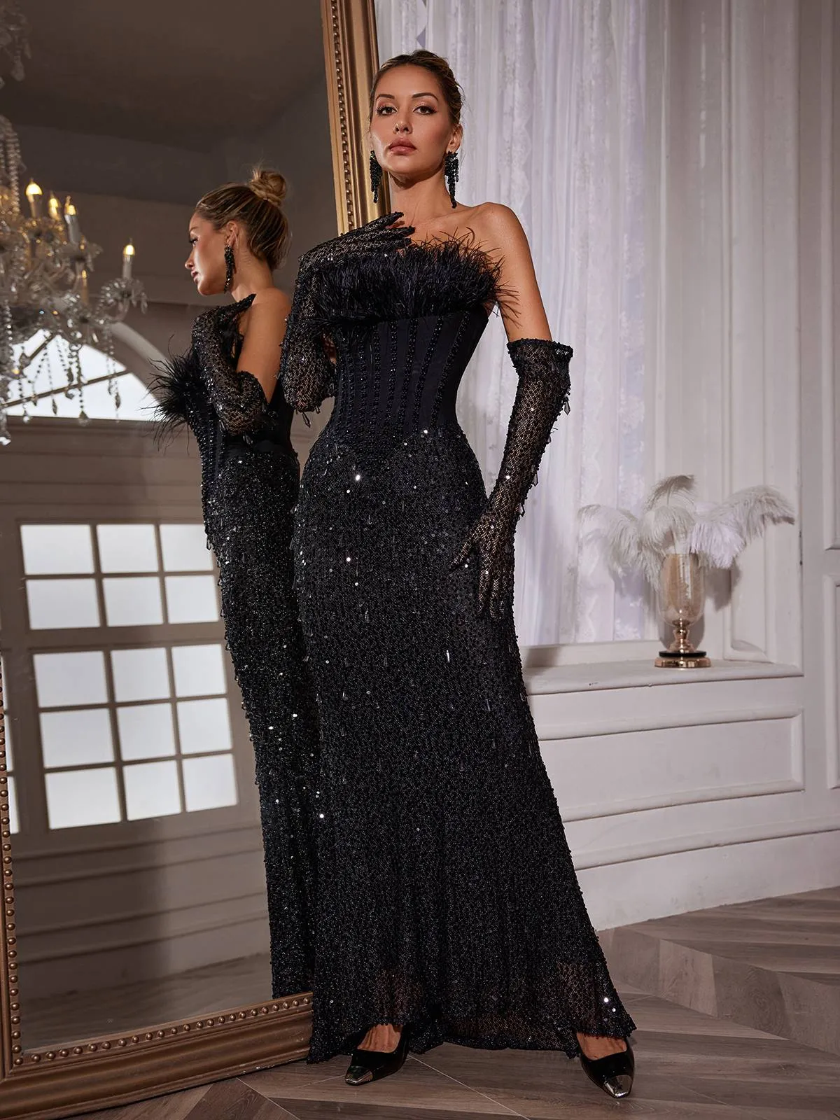 Inaki Corset Feather Sequin Maxi Dress With Gloves