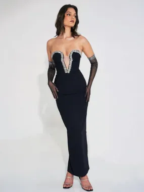 Ivanna Black Crystal Embellished Maxi Dress(Gloves Included)