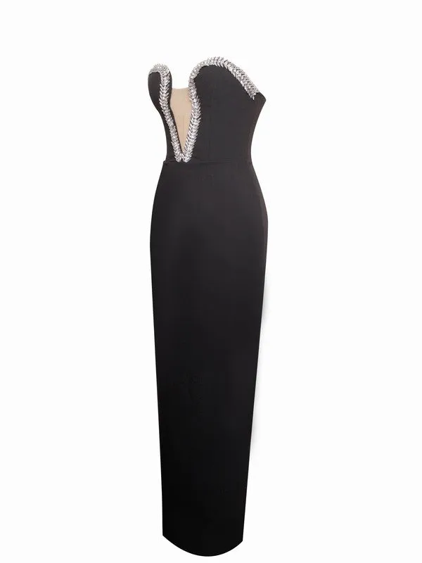 Ivanna Black Crystal Embellished Maxi Dress(Gloves Included)