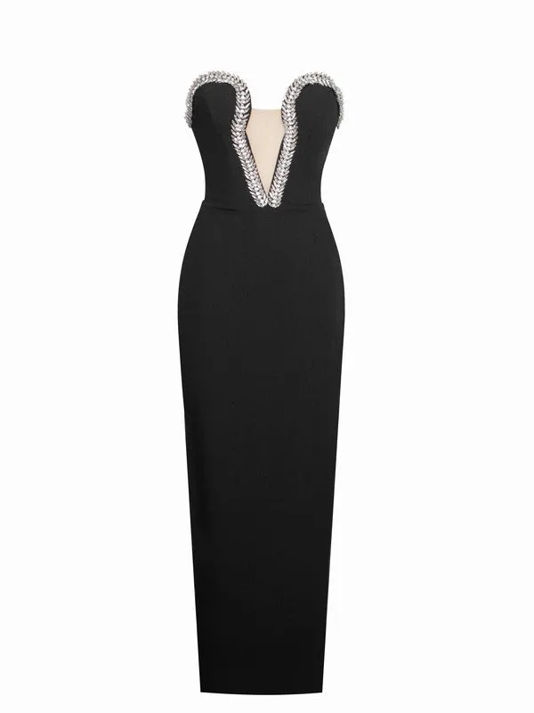 Ivanna Black Crystal Embellished Maxi Dress(Gloves Included)