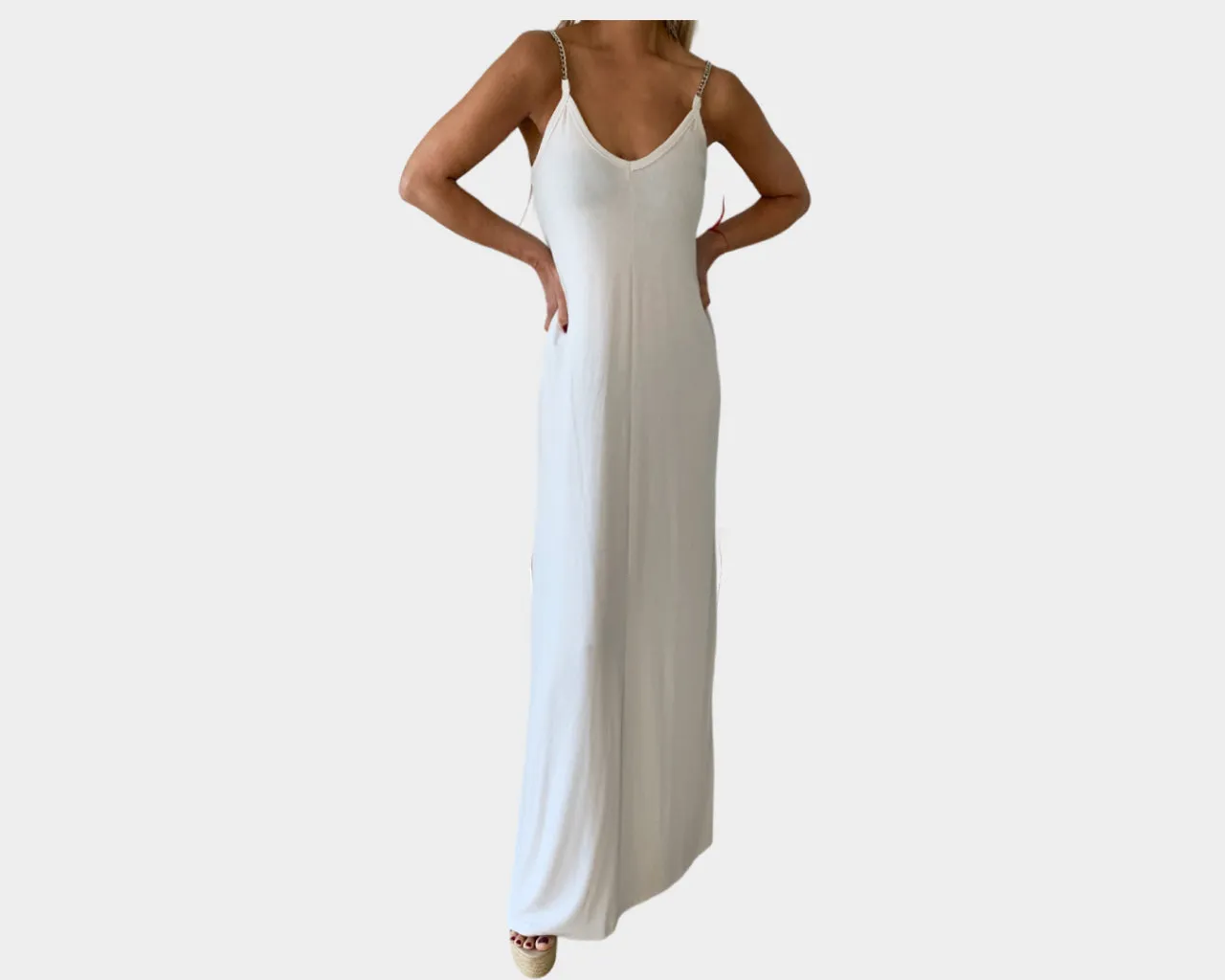 Ivory Silver Chain strap Maxi Dress - The Santorini