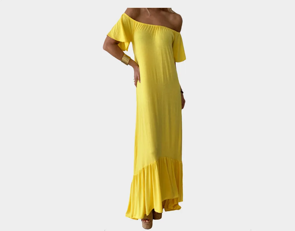 Jaune Canari Off the Shoulder Ruffle bottom dress - The Monaco