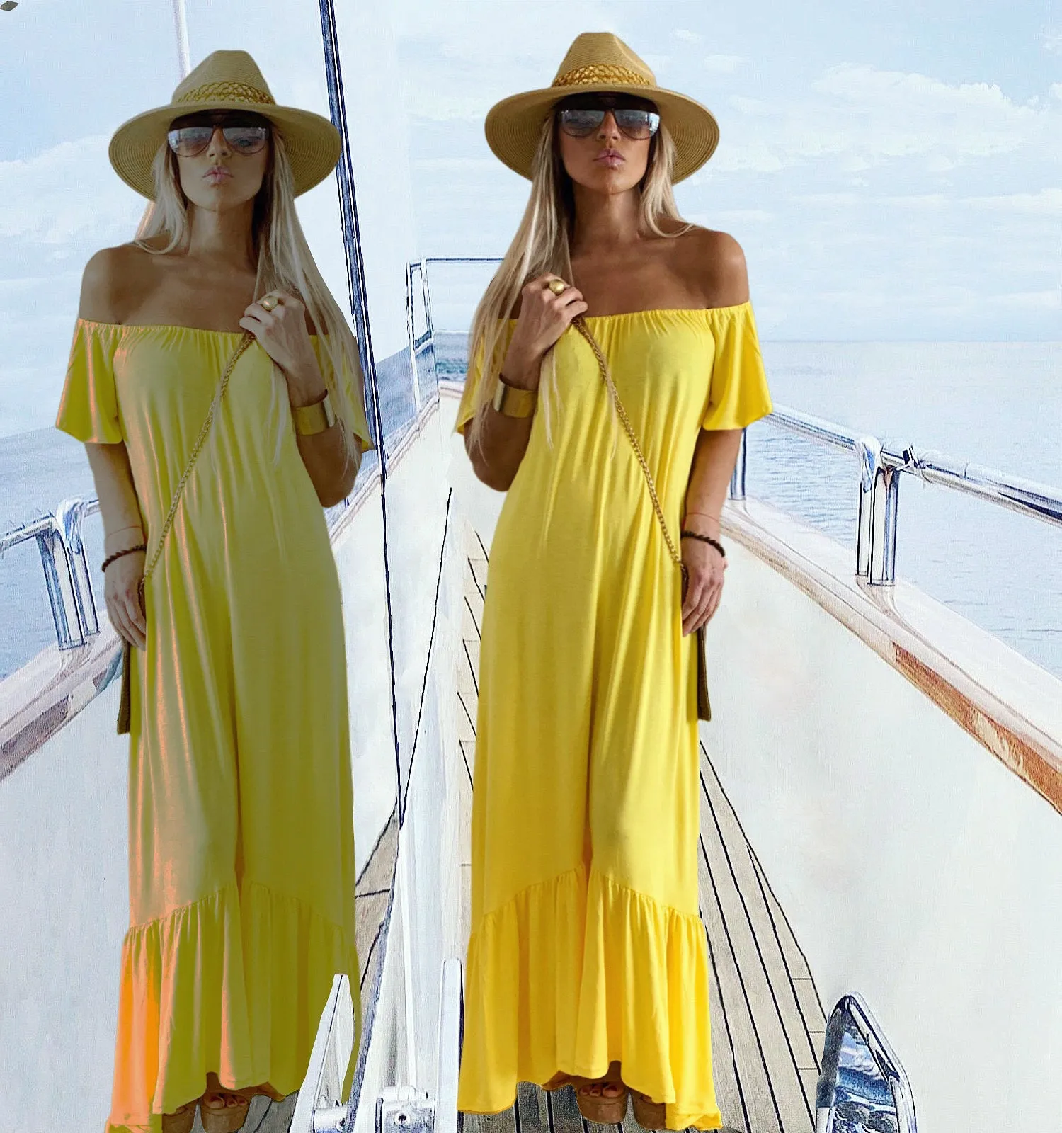 Jaune Canari Off the Shoulder Ruffle bottom dress - The Monaco