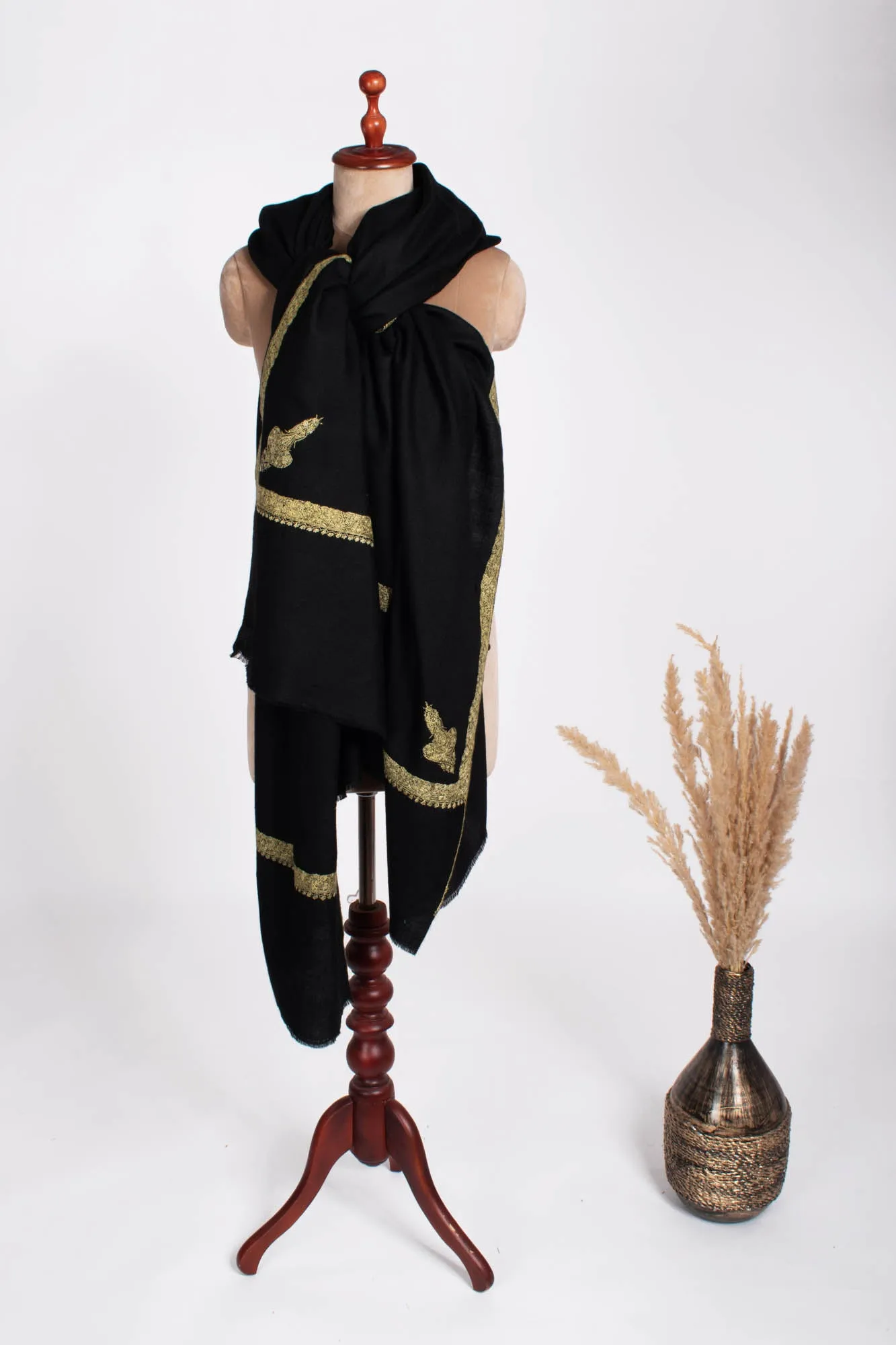 Jet Black Hashia Intricately Embroidered Oversized Wrap - PINE