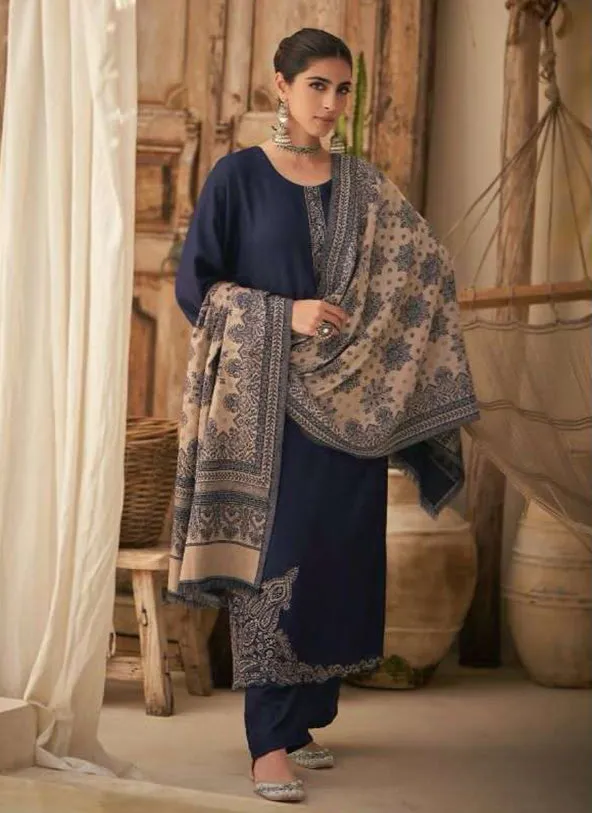 Kesar Embroidered Unstitched Blue Pashmina Winter Suit for Ladies