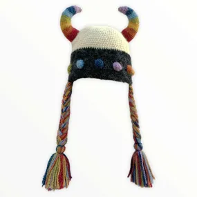 Knit Viking Hat With Braids -Rainbow