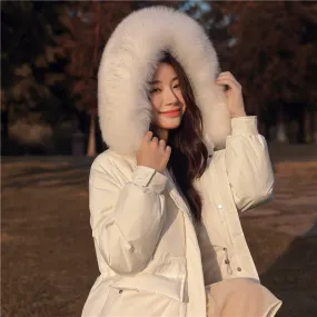 Korean version waist and thin down jacket women's knee long 2024 autumn and winter new hooded white duck down thickened coat tide