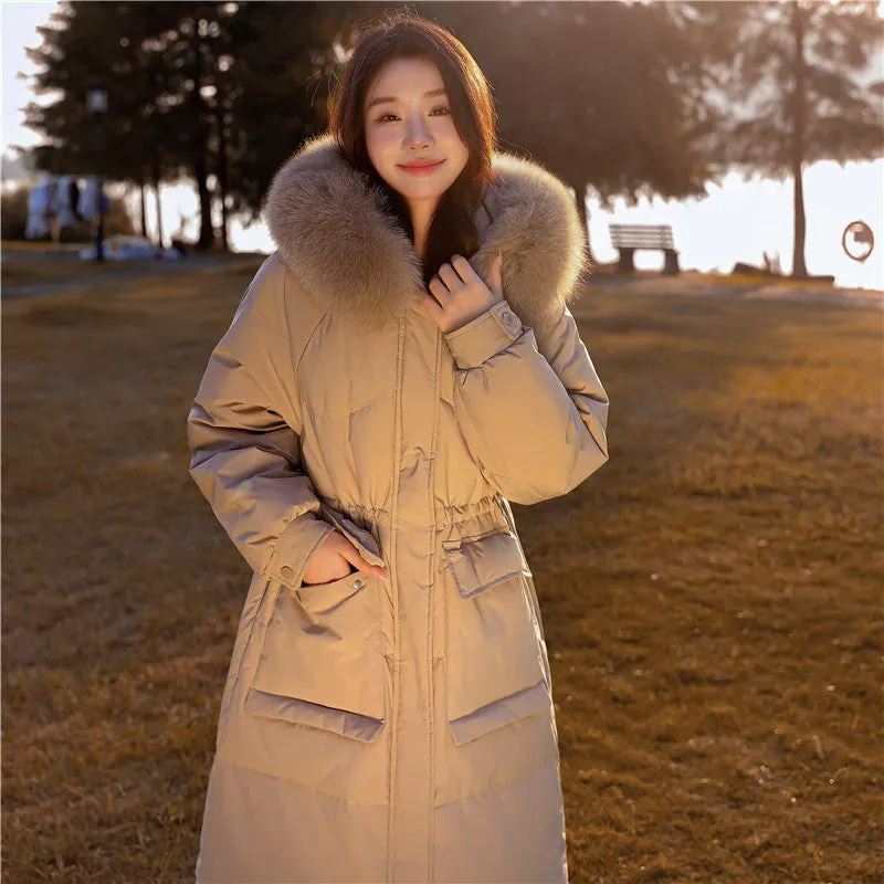 Korean version waist and thin down jacket women's knee long 2024 autumn and winter new hooded white duck down thickened coat tide