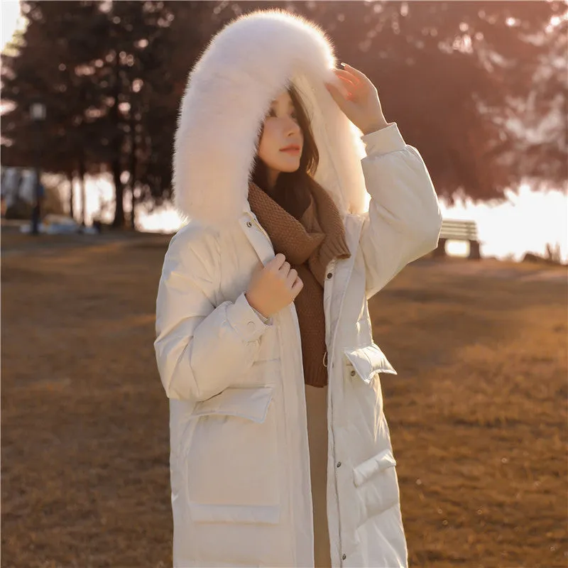 Korean version waist and thin down jacket women's knee long 2024 autumn and winter new hooded white duck down thickened coat tide