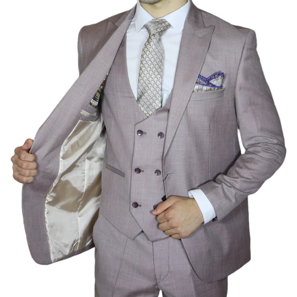 Light Pink Beige Avanti Milano Peak Lapel Three Piece Suit