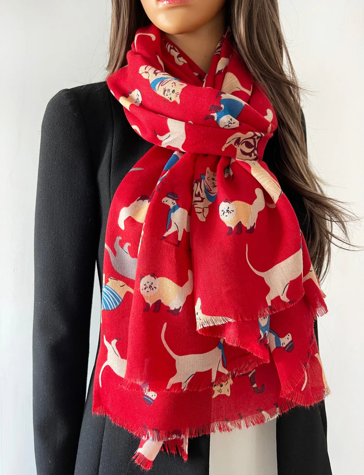 LIGHTWEIGHT RED SCARF WITH CATS