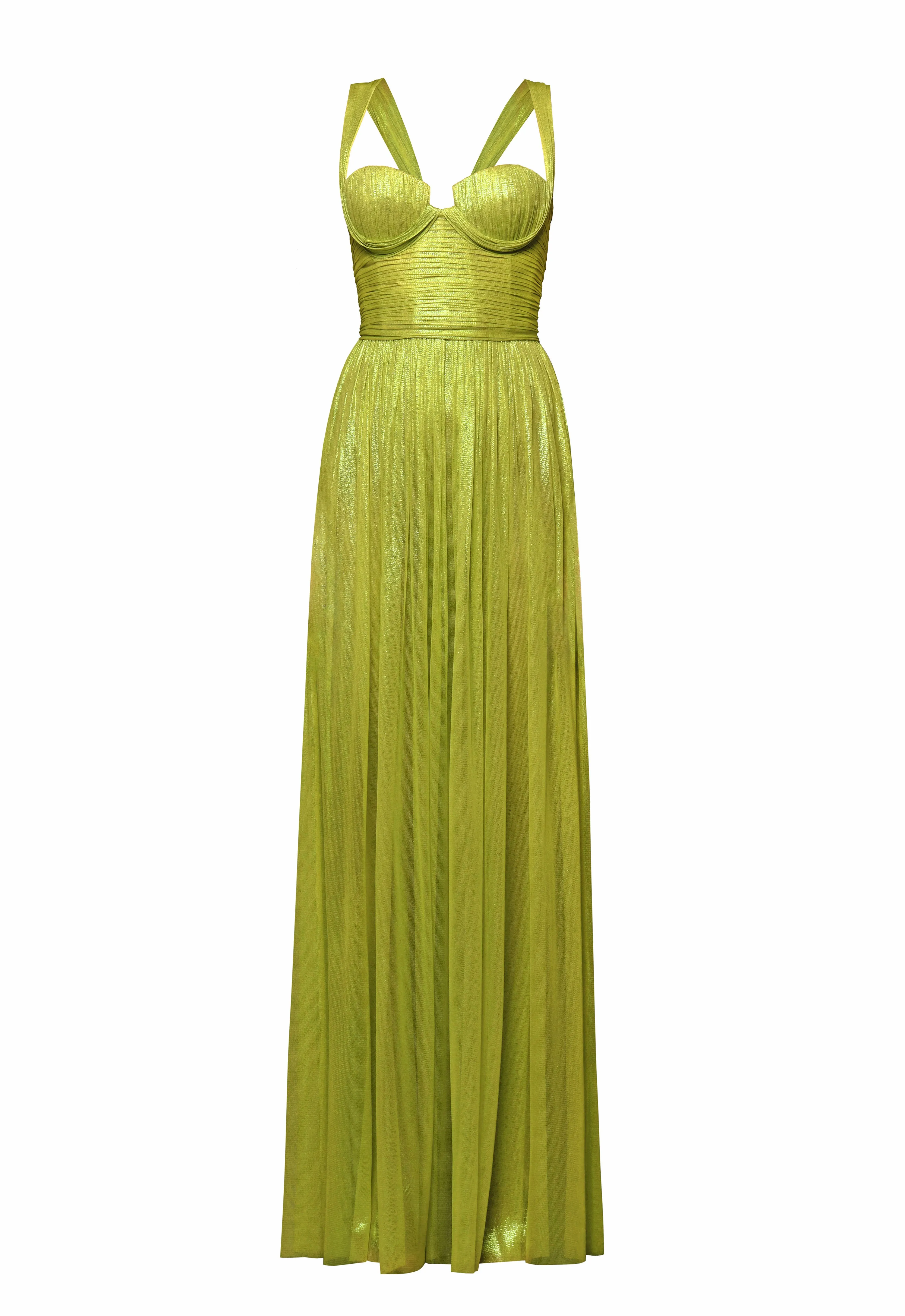 Lime green draped dress in silk foiled tulle and gloves