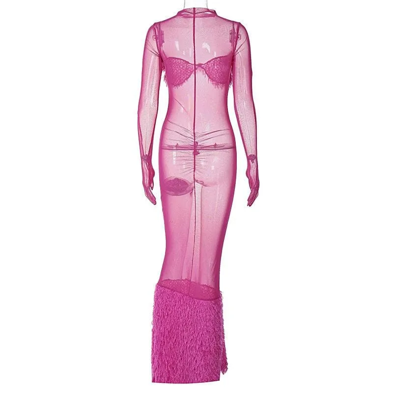 Long sleeve gloves high neck feather mesh see through maxi dress