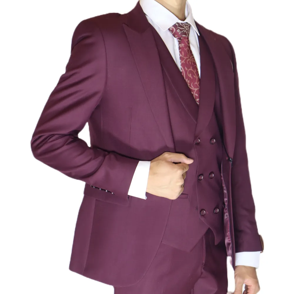 Maroon Avanti Milano Peak Lapel Textured Three Piece Suit