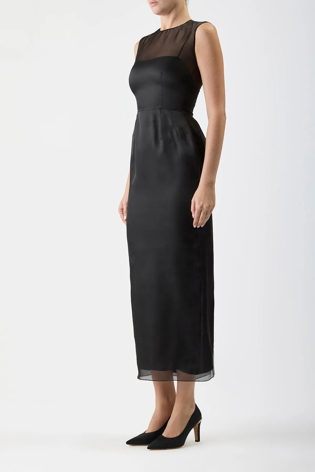 Maslow Sheer Maxi Dress with Slip in Black Silk Organza