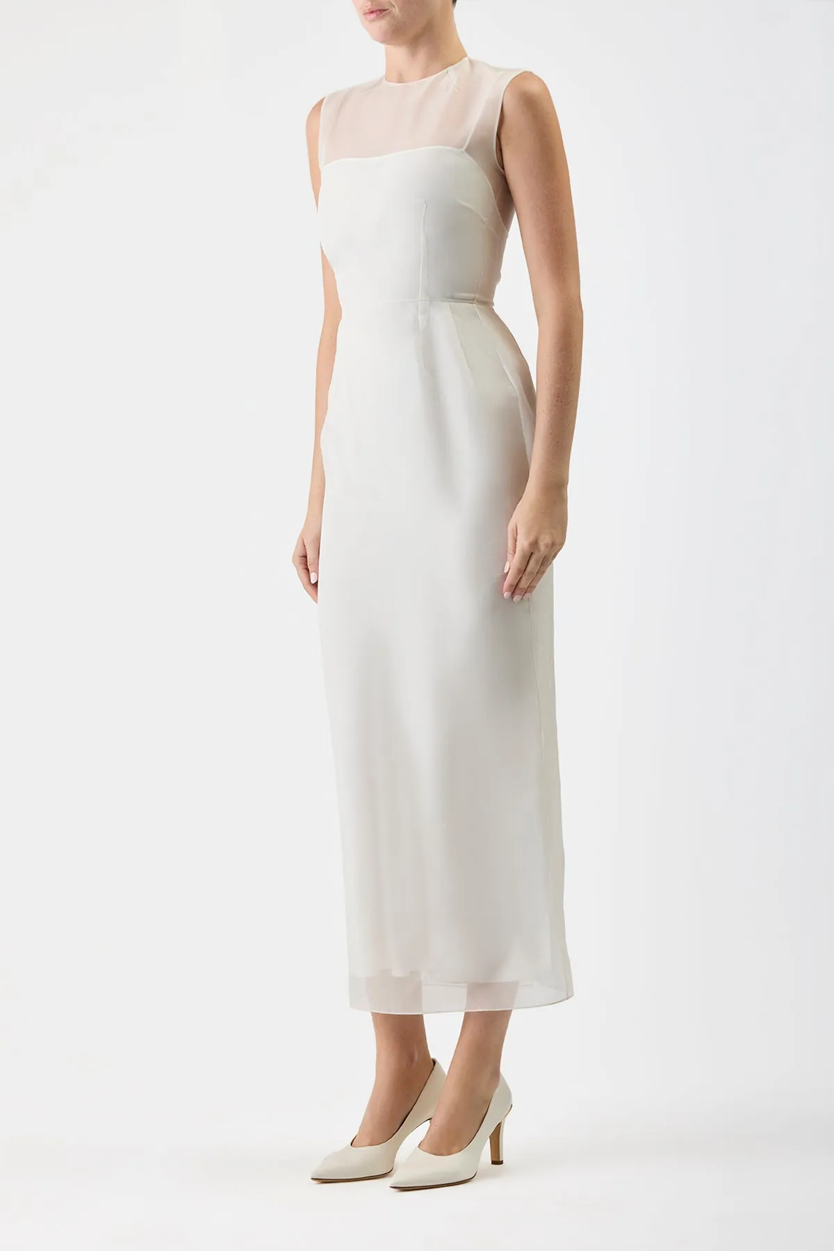 Maslow Sheer Maxi Dress with Slip in Ivory Silk Organza