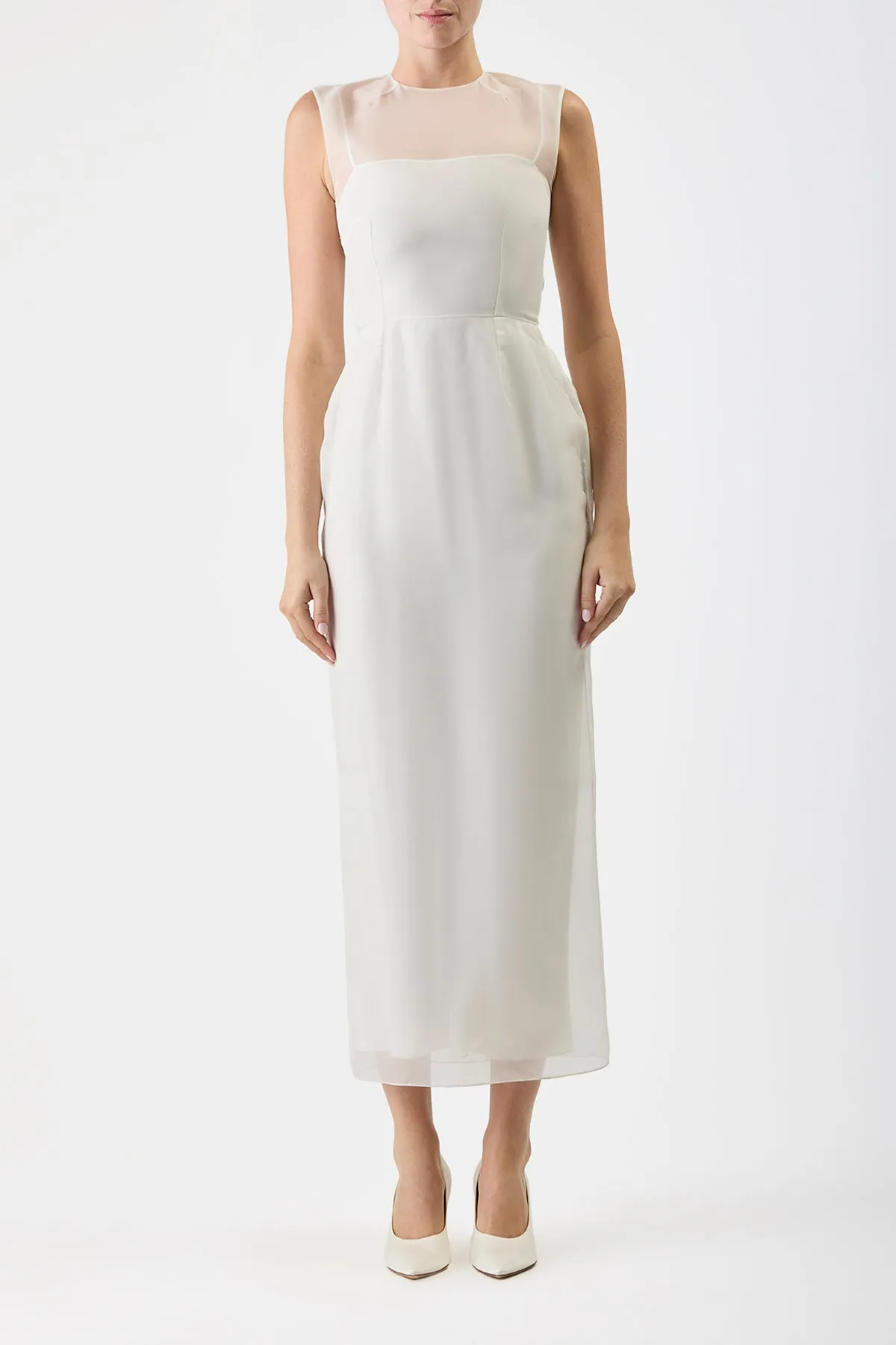 Maslow Sheer Maxi Dress with Slip in Ivory Silk Organza