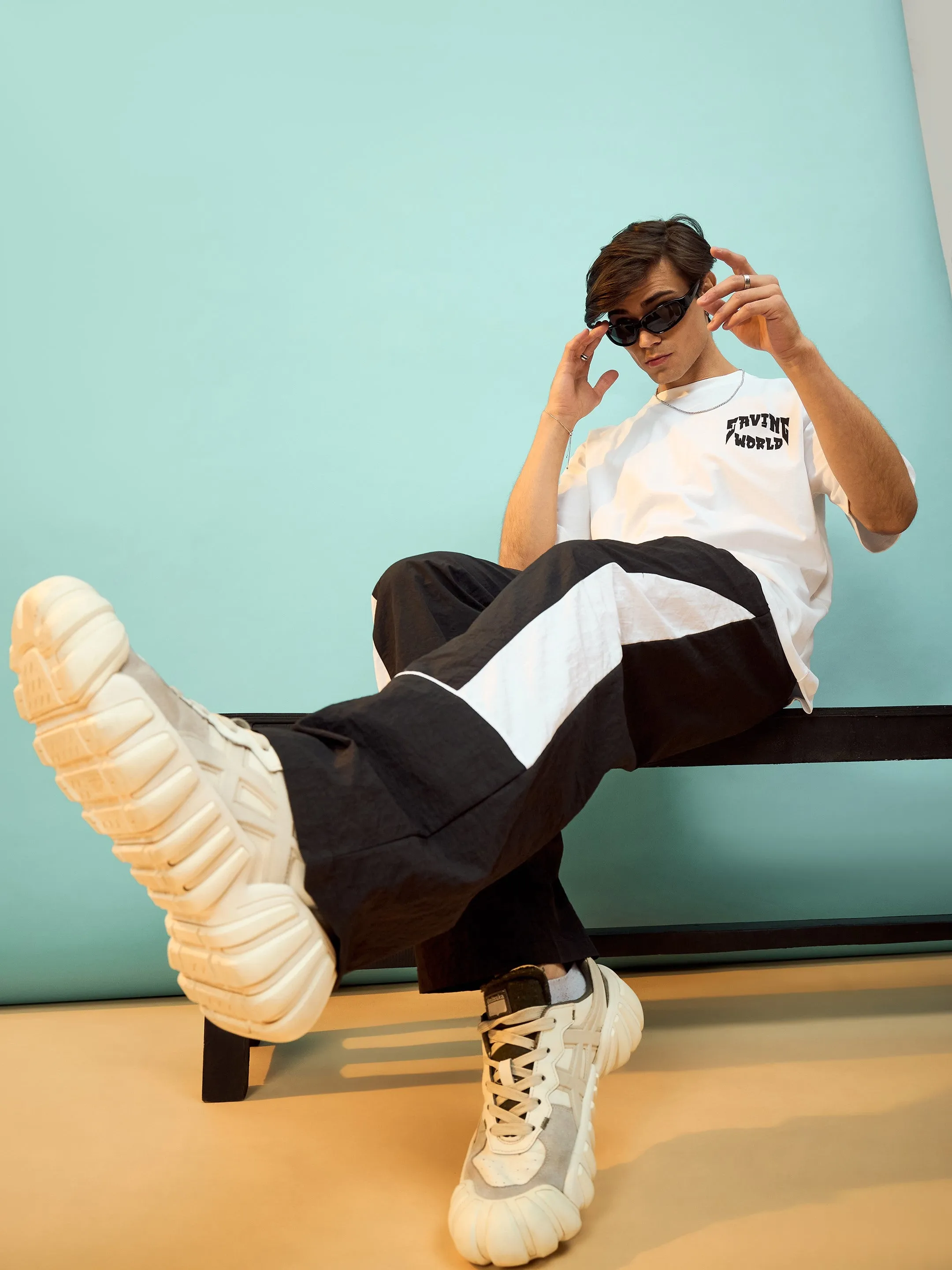 Men Black & White Colorblock Parachute Pants