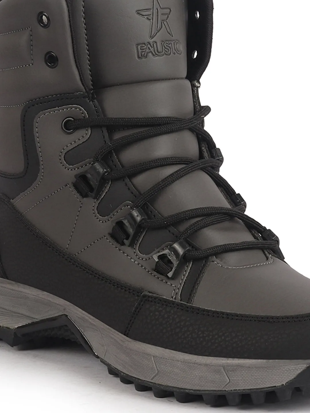 Men Grey High Top 3-Eye Lace Up High Ankle Winter Biker Boots|Trekking Boots|Hiking Boots|Basketball Shoes|Good Sole Grip Traction