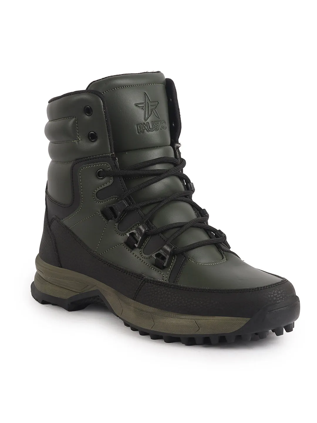 Men Olive High Top 3-Eye Lace Up High Ankle Winter Biker Boots|Trekking Boots|Hiking Boots|Basketball Shoes|Good Sole Grip Traction