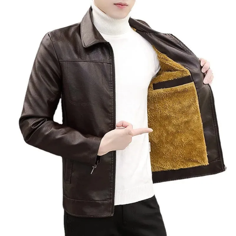 Men's leather velvet thickened fleece motorcycle jacket warm coat