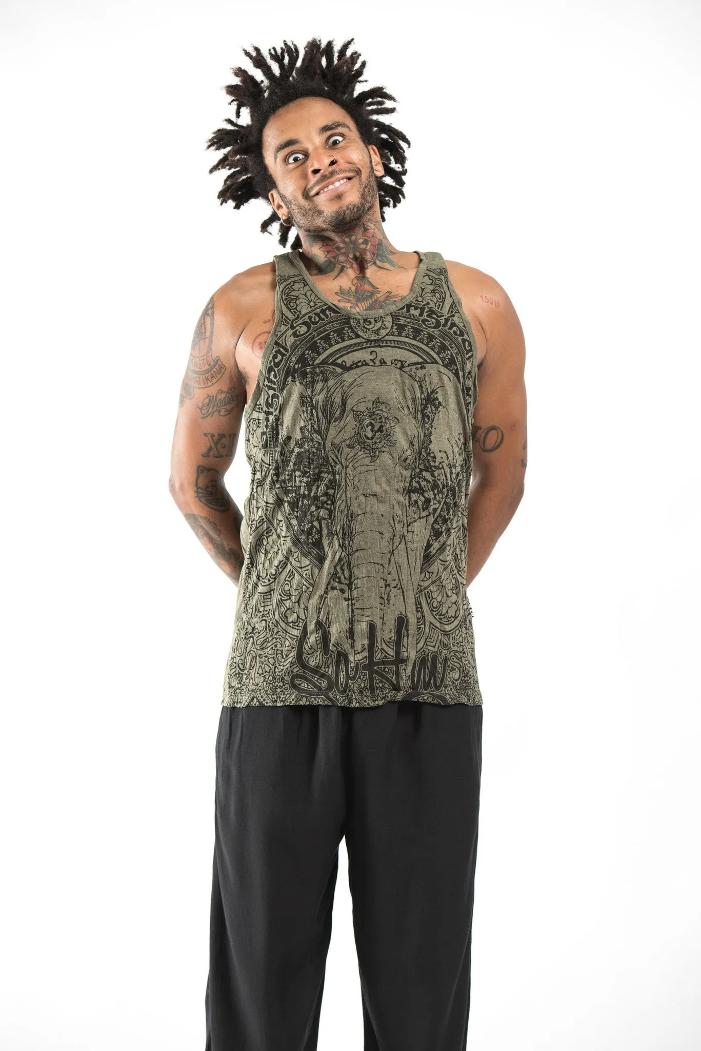 Mens Wild Elephant Tank Top in Green