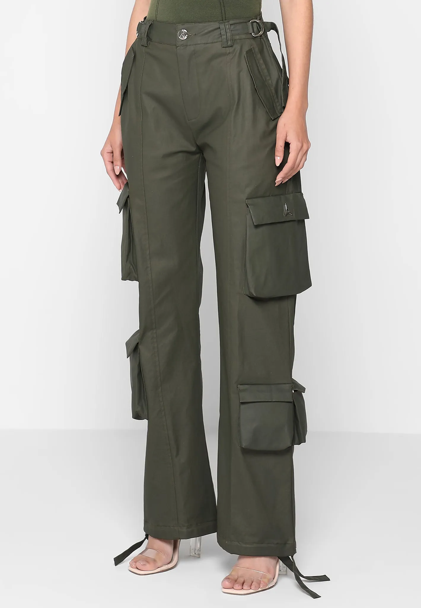 Mid Rise Waxed Cargo Pants - Khaki