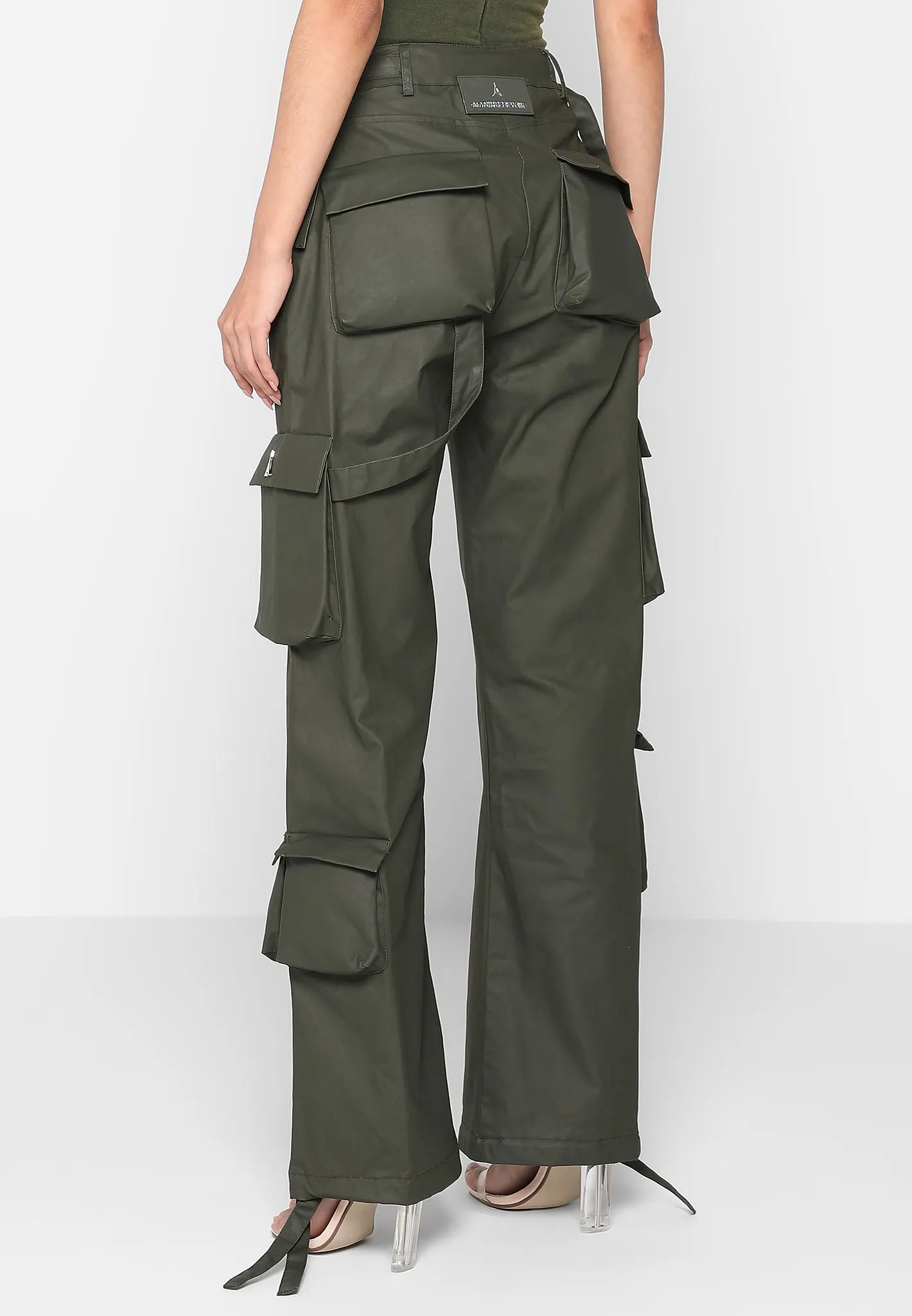 Mid Rise Waxed Cargo Pants - Khaki