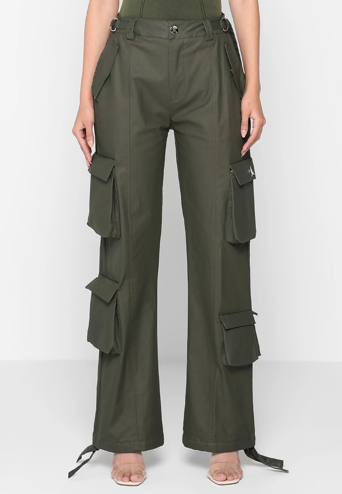 Mid Rise Waxed Cargo Pants - Khaki