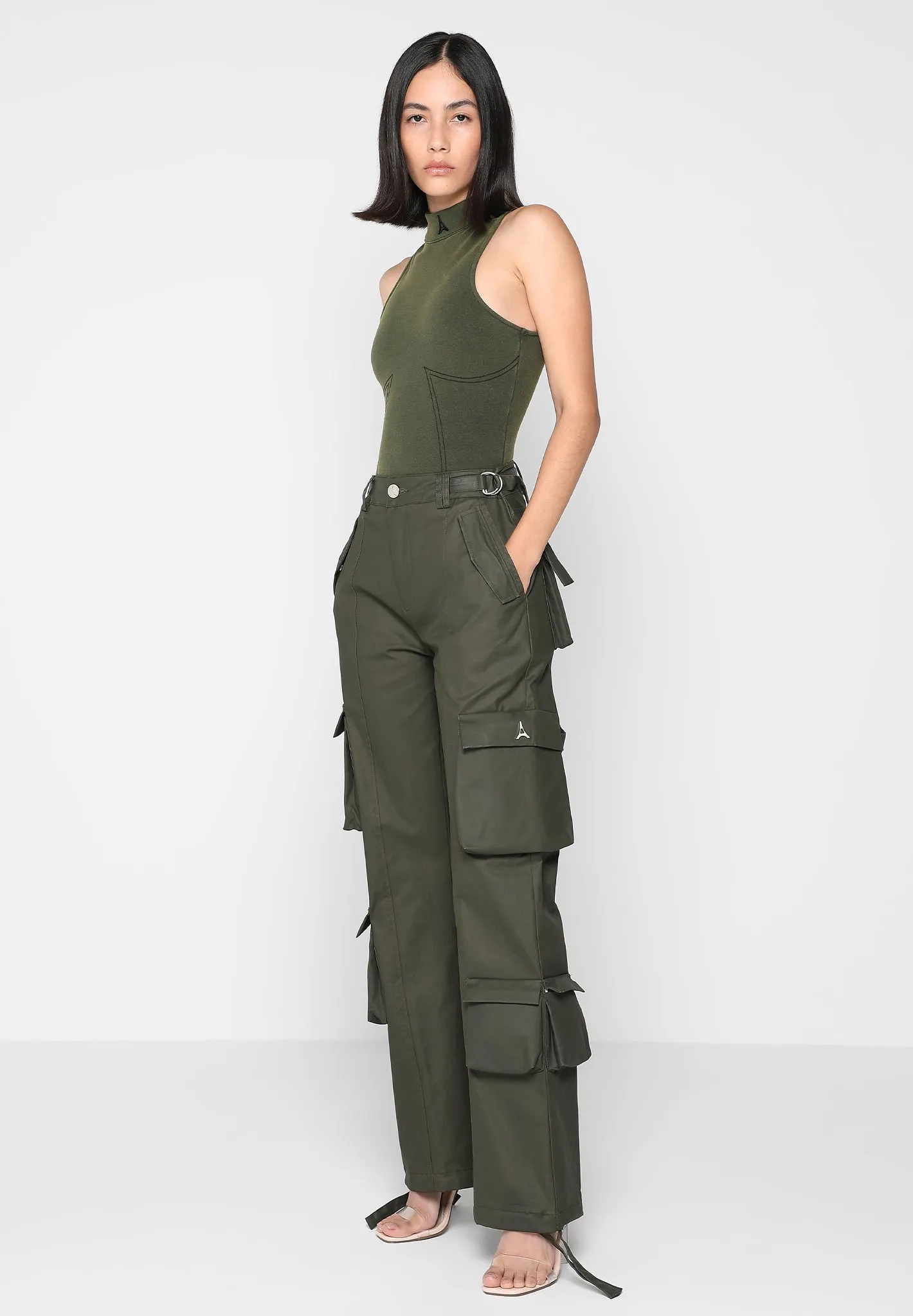 Mid Rise Waxed Cargo Pants - Khaki