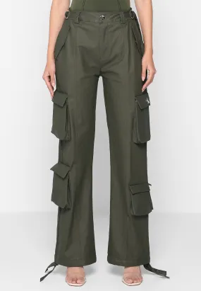 Mid Rise Waxed Cargo Pants - Khaki