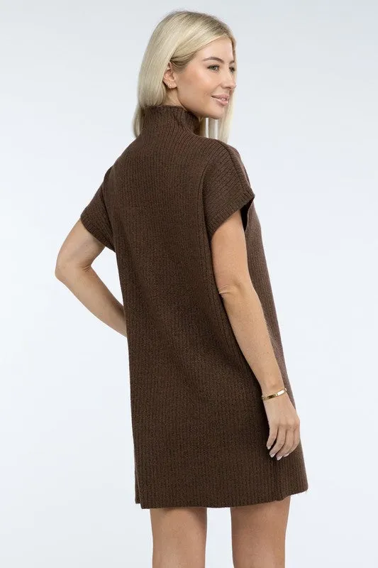 Mock Neck Short Sleeve Sweater Dress with Pocket