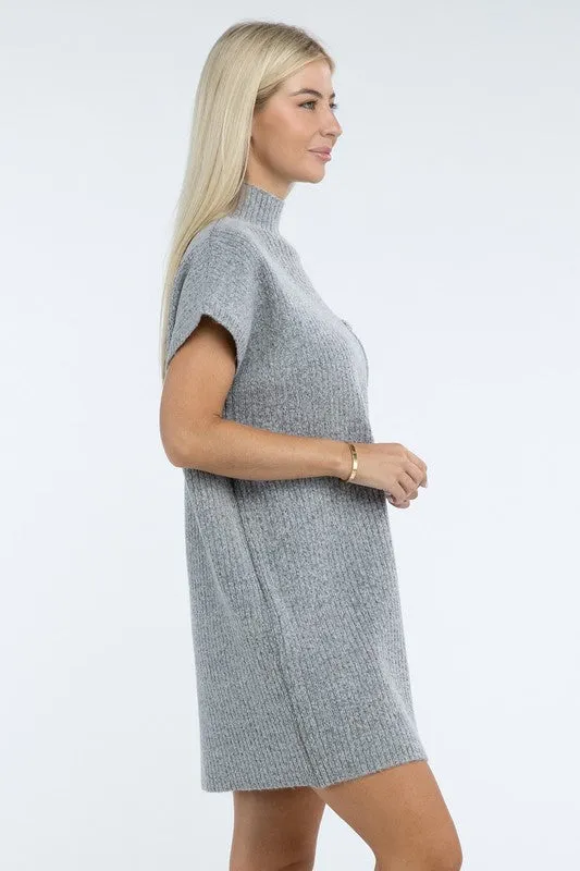 Mock Neck Short Sleeve Sweater Dress with Pocket