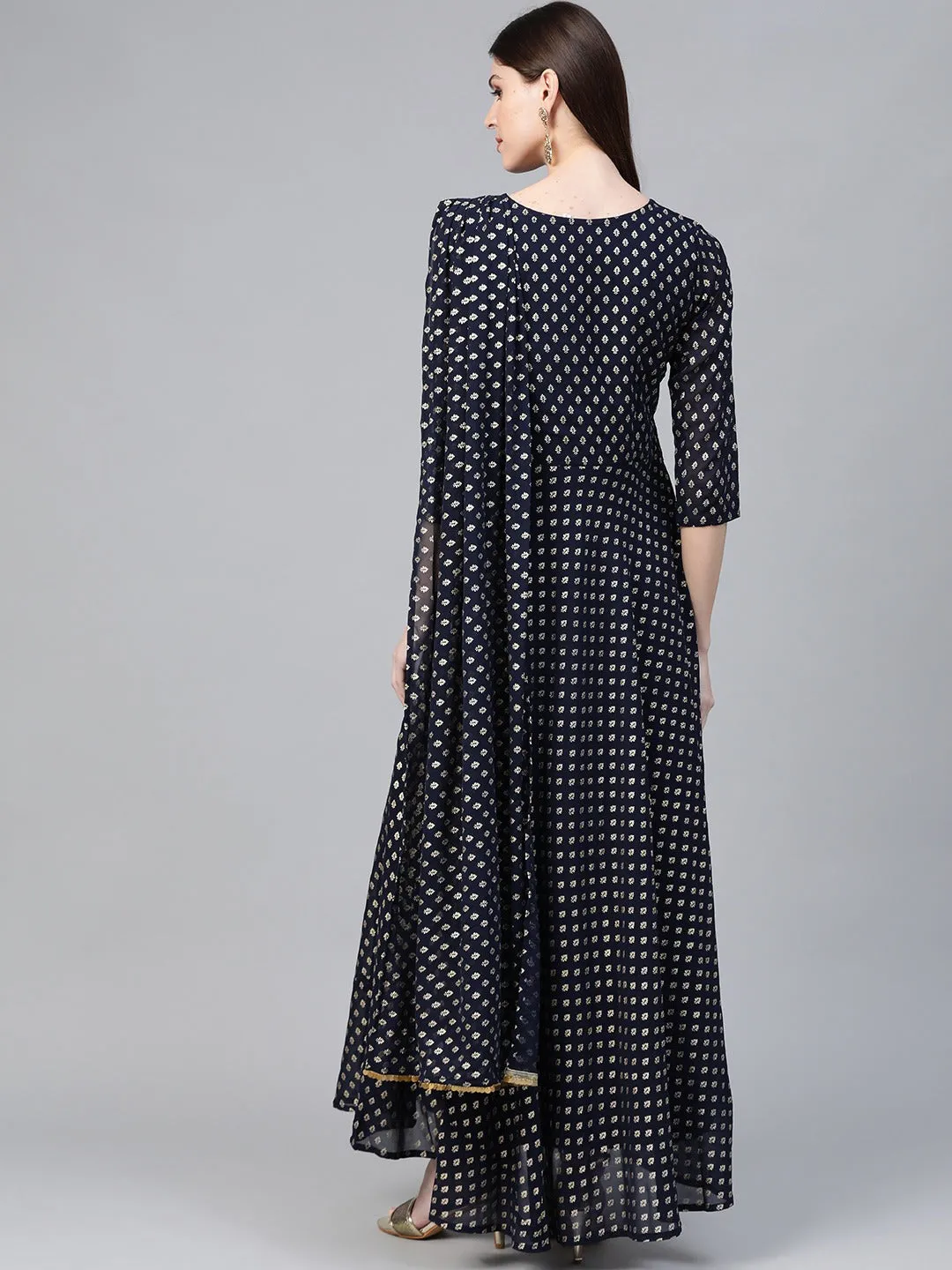 Navy Blue & Golden Foil Printed Maxi Dress With Attached Dupatta