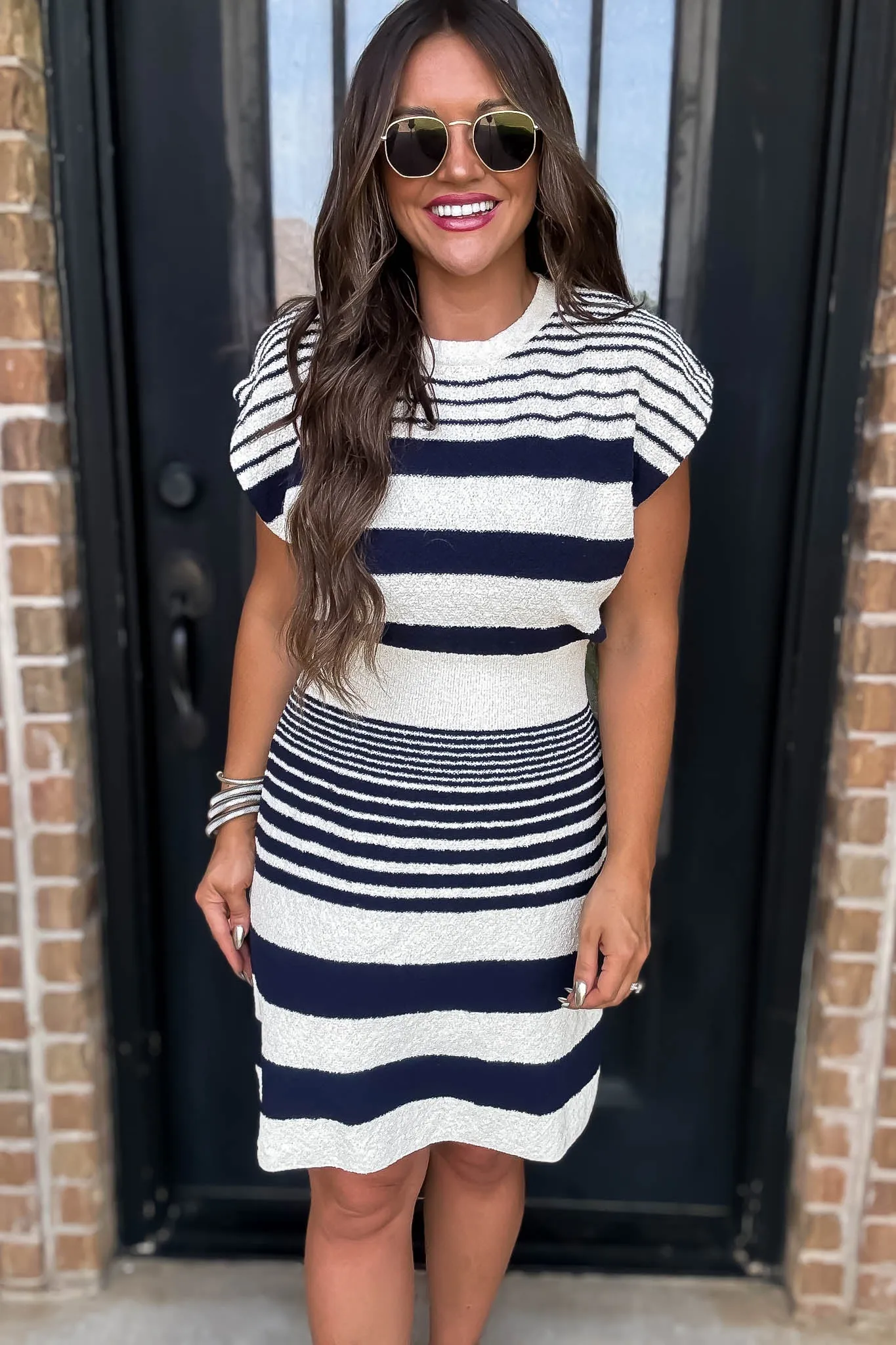 Navy Variegated Stripe Terry Textured Sweater Dress