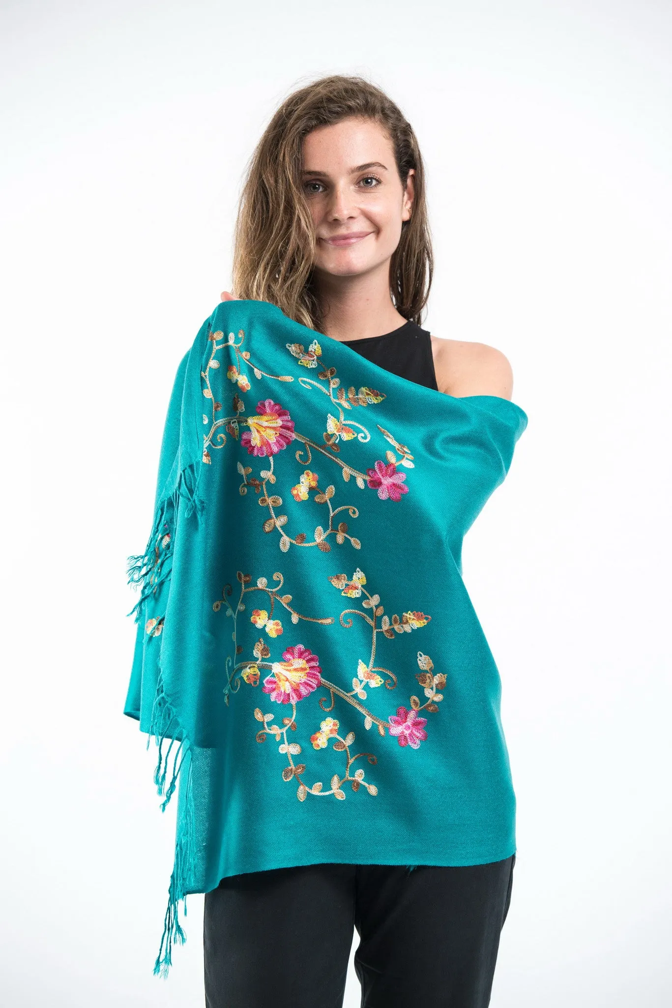 Nepal Floral Embroidered Pashmina Shawl Scarf in Turquoise